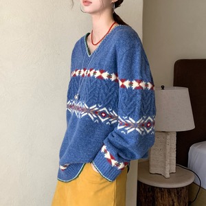 color block v-neck knit　J00259