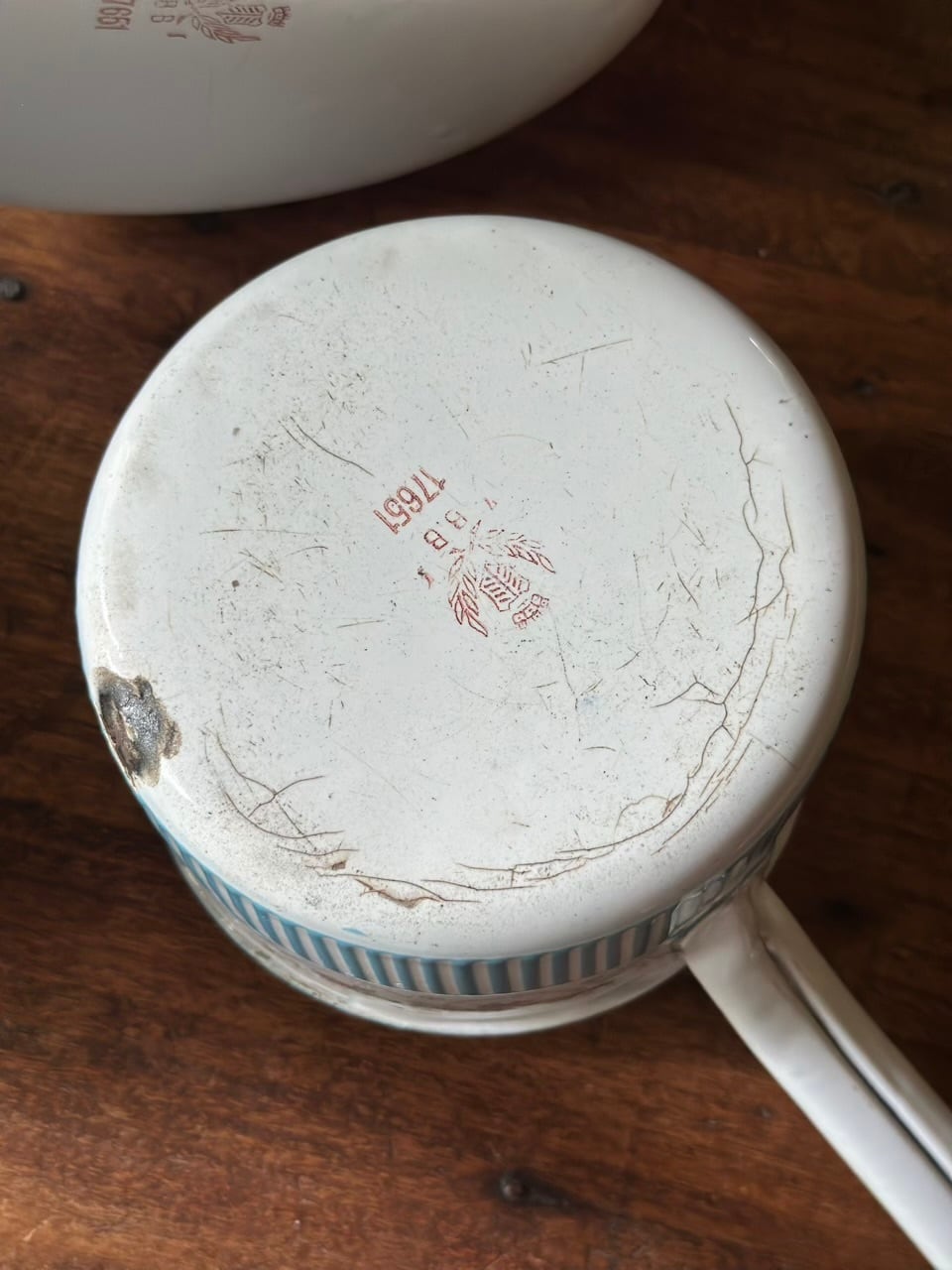 BB社製 薔薇と水色ストライプ ホーロー片手鍋 5個セット | Brocante de
