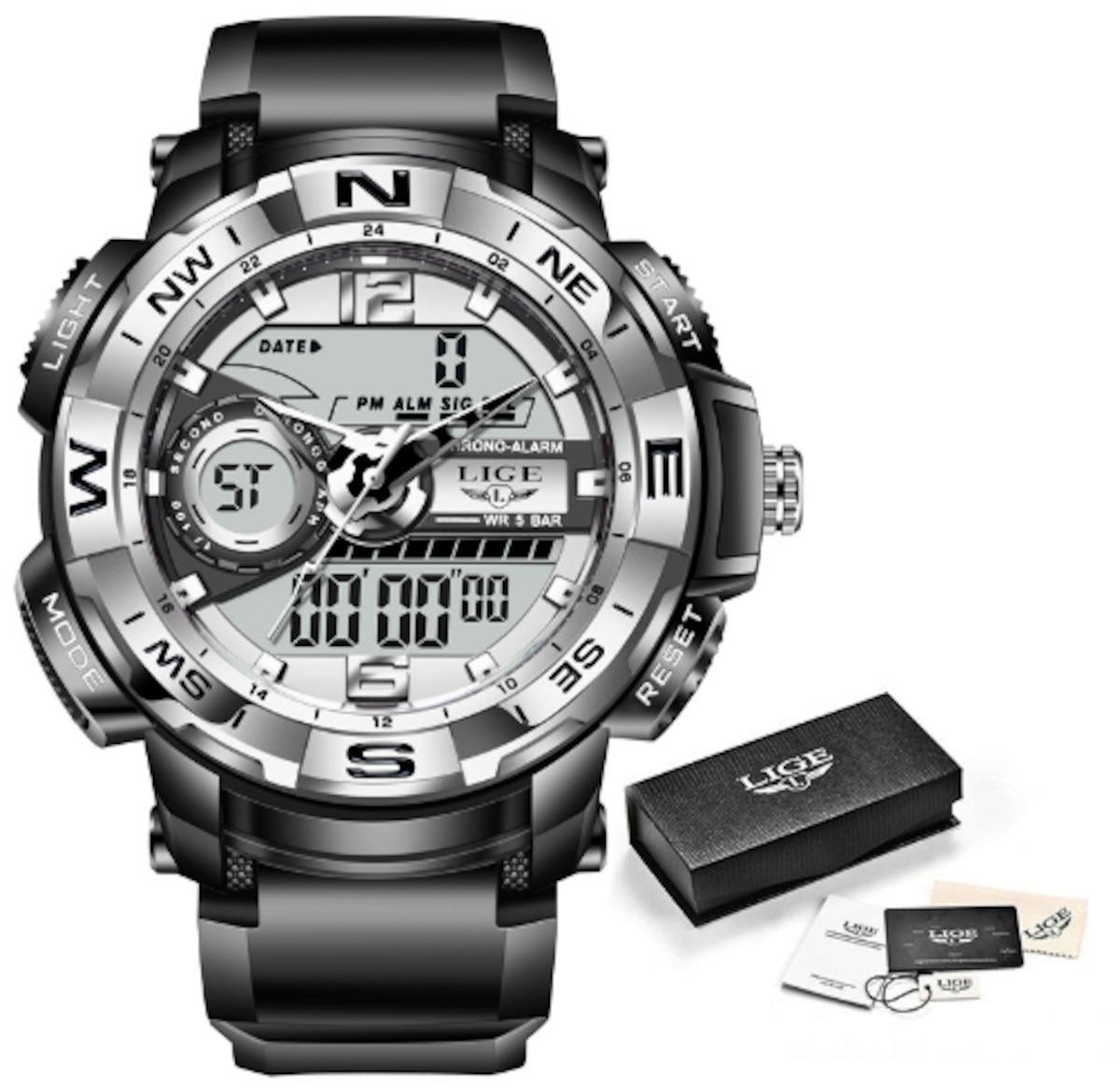 814 箱付き 新品 海外限定 LIGE 高級感 抜群 シルバー デジタル 腕時計