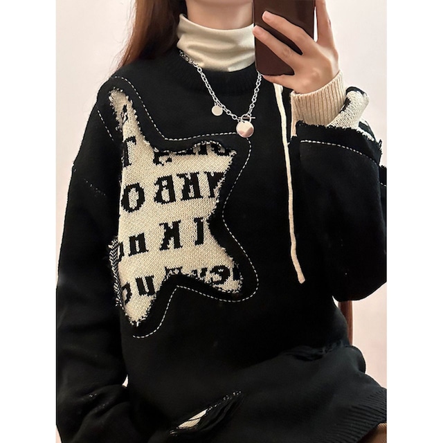 カットアウトスターグラフィックダメージニット 2col R01219