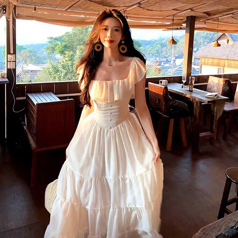 【dress】バックオーポンフリルロングワンピース Q8454