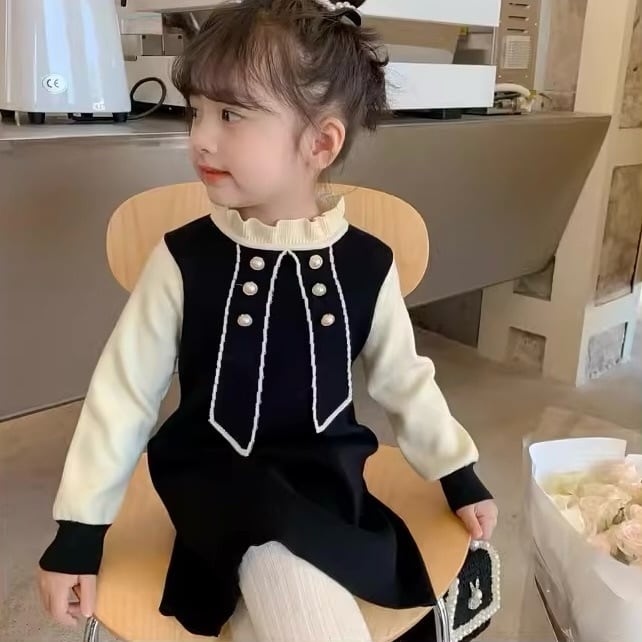 【100-140cm】全2色ボータイデザインハイネックワンピース