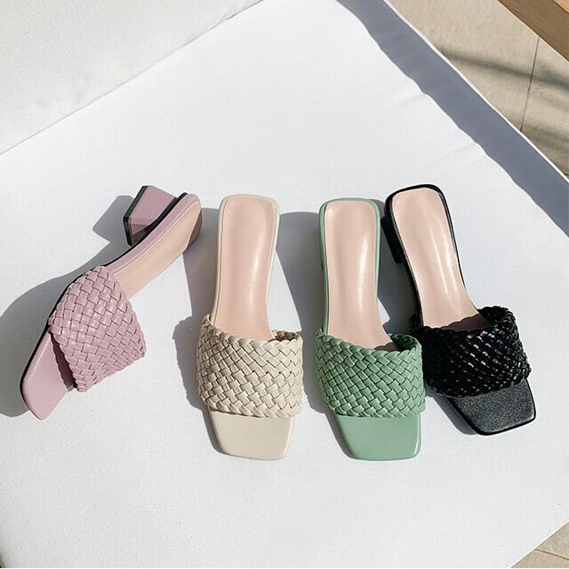サンダル レディース 編み込み クロス スクエアトゥ オープン ヒール 春夏 全4色 ベージュ/ブラック/グリーン/パープル 22cm/22.5cm/23cm/23.5cm/24cm/24.5cm