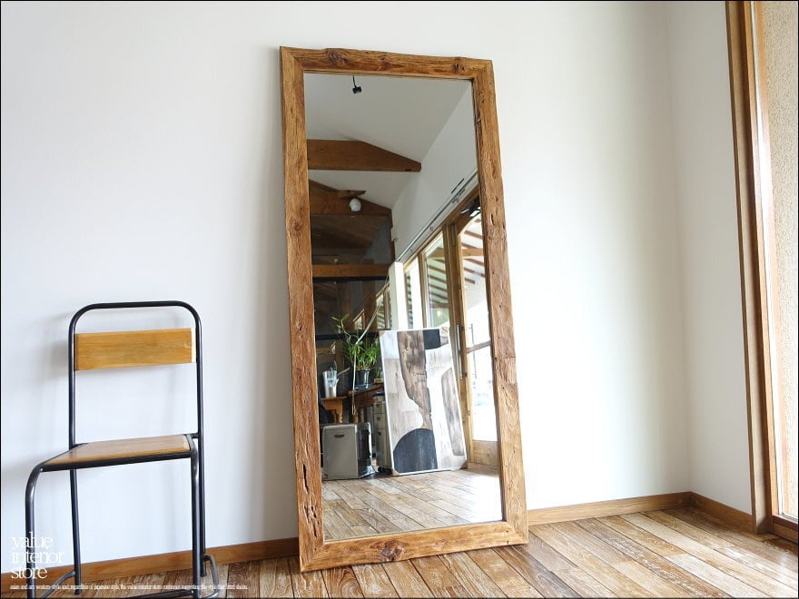 オールドチーク総無垢 ミラーXX/L 姿見 鏡 全身鏡 全身用 大型ミラー 古材家具 手作り レトロ 三大銘木 80cm x 180cm