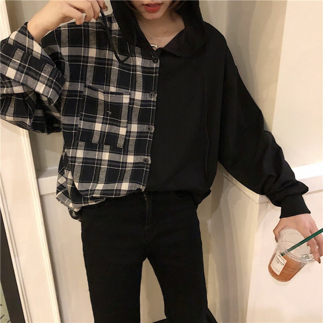 レディース 切り替え バイカラー チェック柄シャツ パーカー トップス 