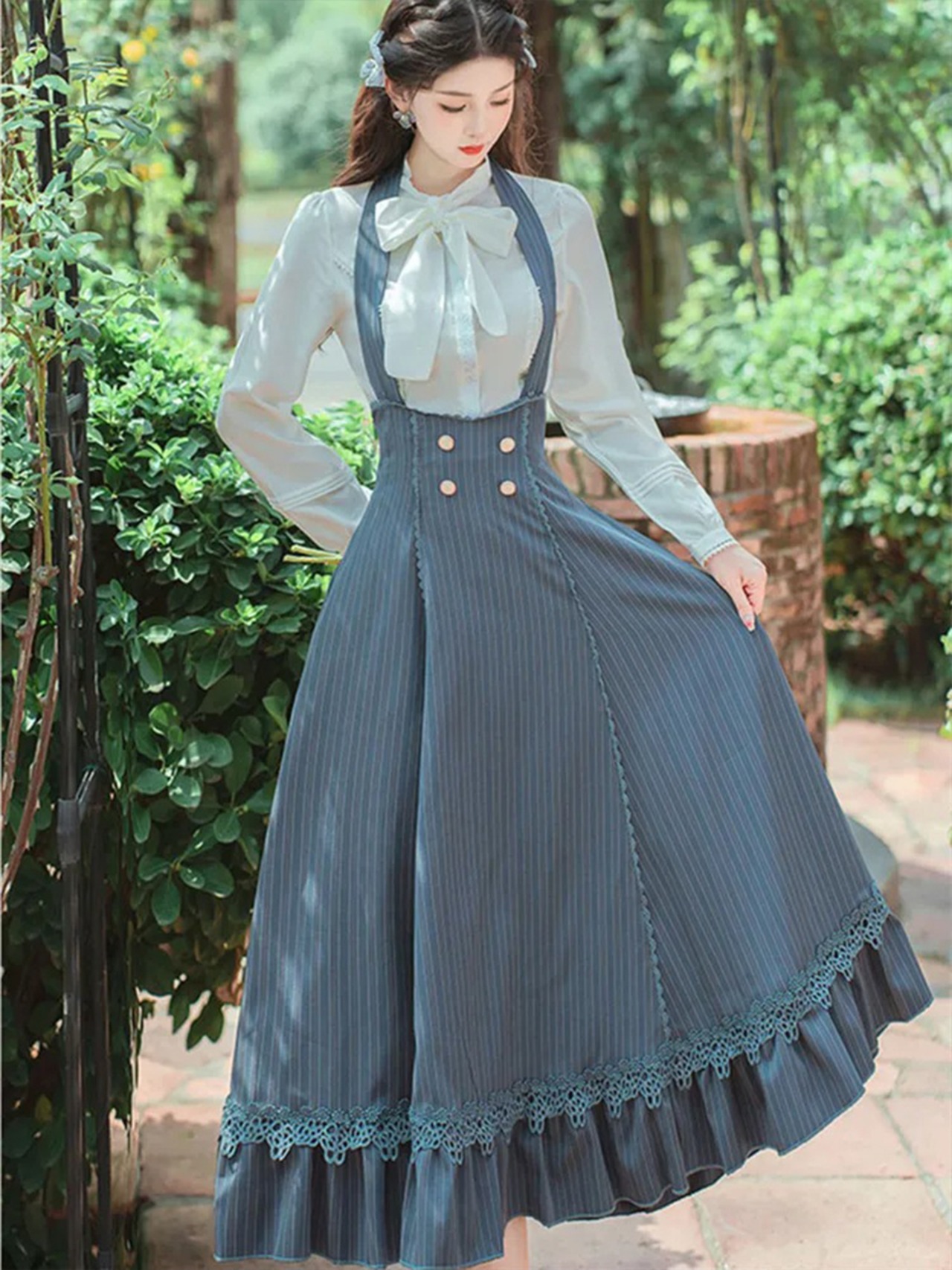【0206】Striped Bowtie Ribbon Shirt Skirt Long Sleeve 2 Piece Set