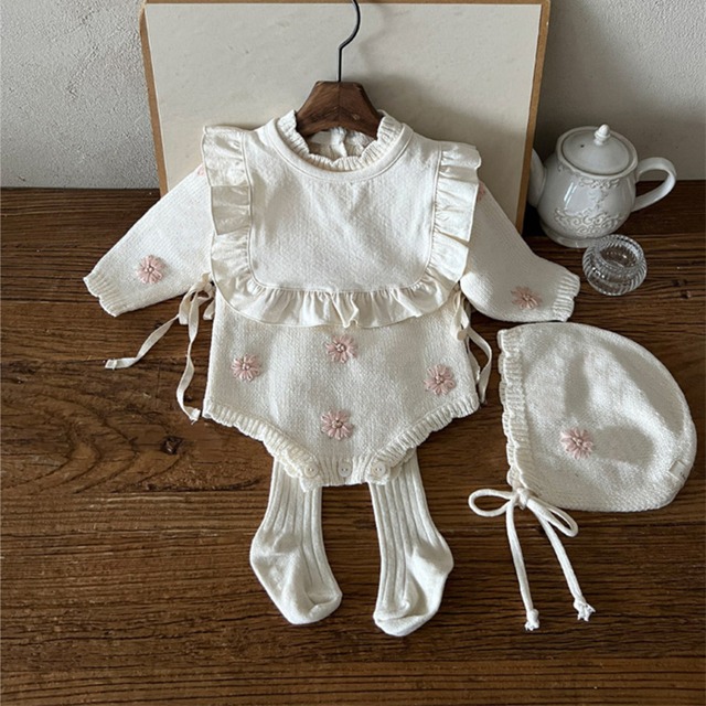 秋新作　ベビー服　ニット　長袖　ロンパース　セーター　刺繍花柄　女の子　可愛い　おしゃれ　子供服