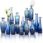 花瓶14個セット 青の花瓶 ブルーの花瓶 ヴィンテージクリアガラスの花瓶 ホームテーブルの装飾 センターピース用 小さな花瓶 シンプルなウェディングデコレーション マルチサイズ ミニビンテージガラスベース
