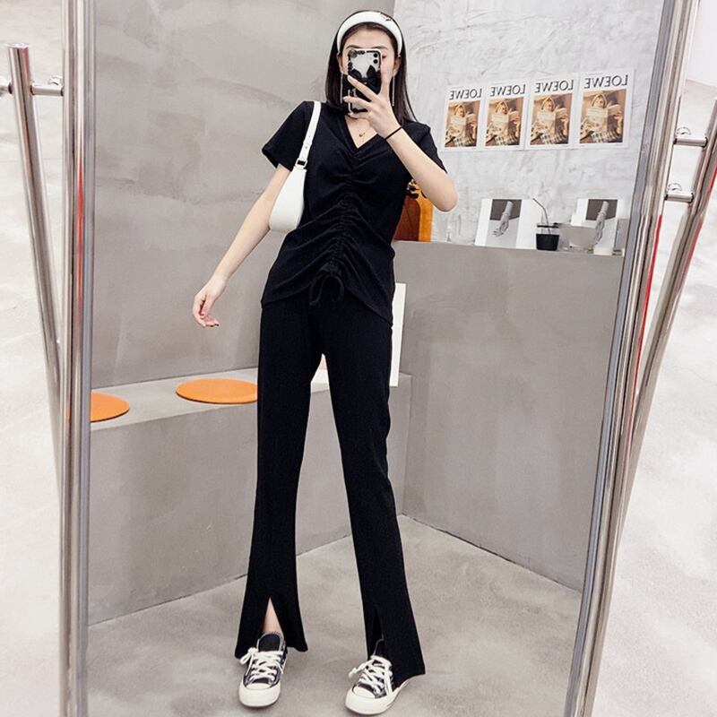 サマーVネックギャザーTシャツ ハイウェストルーズ 大きめサイズ 夏物 ミックスインファッション12235548712