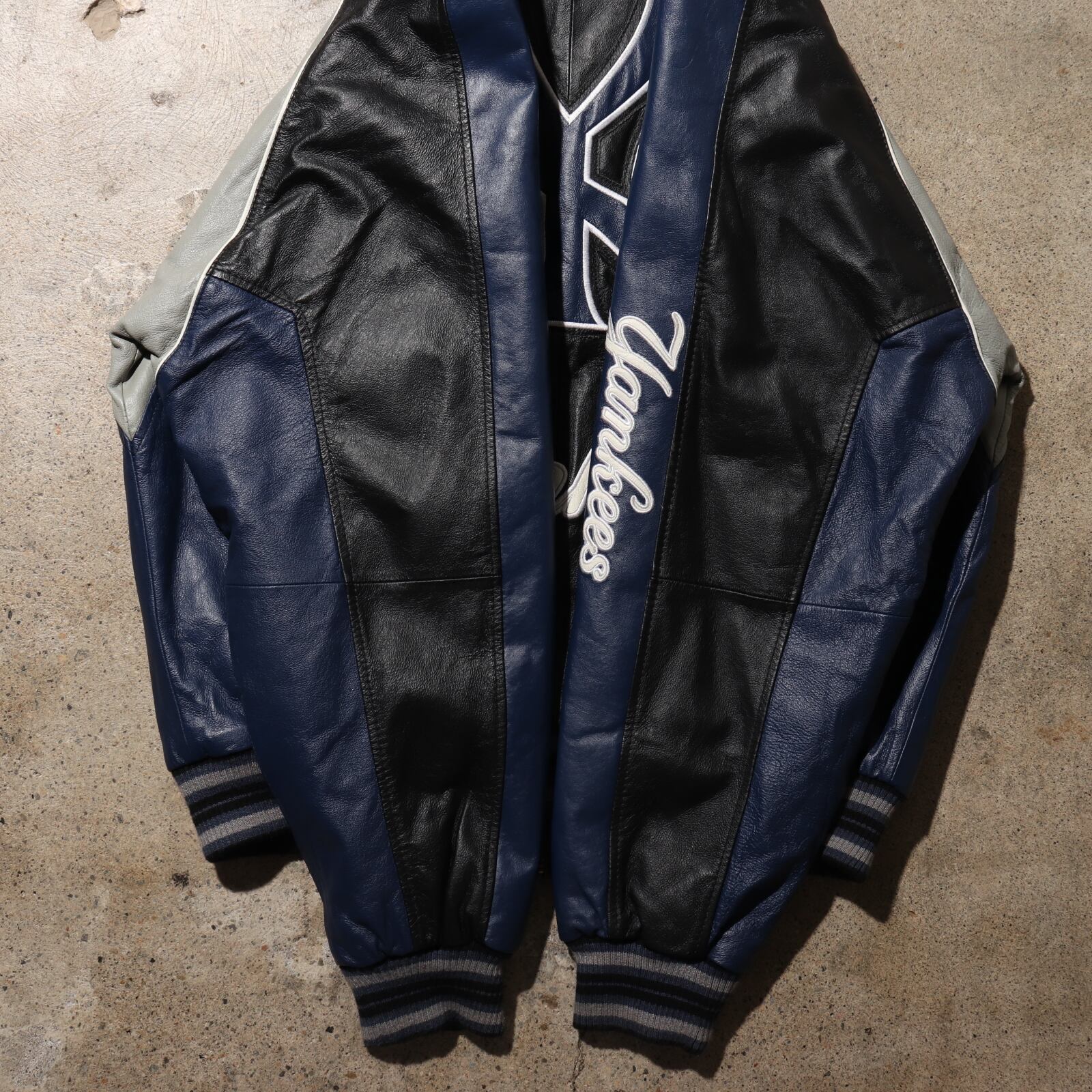 美品 L Yankees 刺繍 レザージャケット ヤンキース 本革 ブラック  