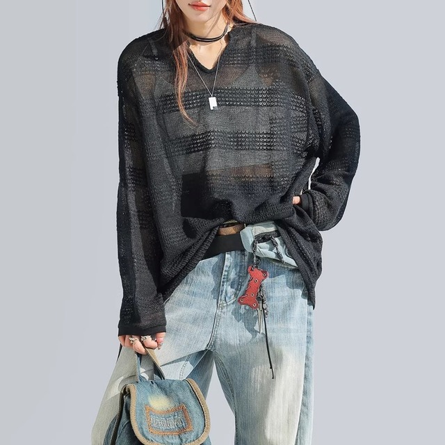 ボーダーメッシュルーズフィットキーネックニット 4col   R01859