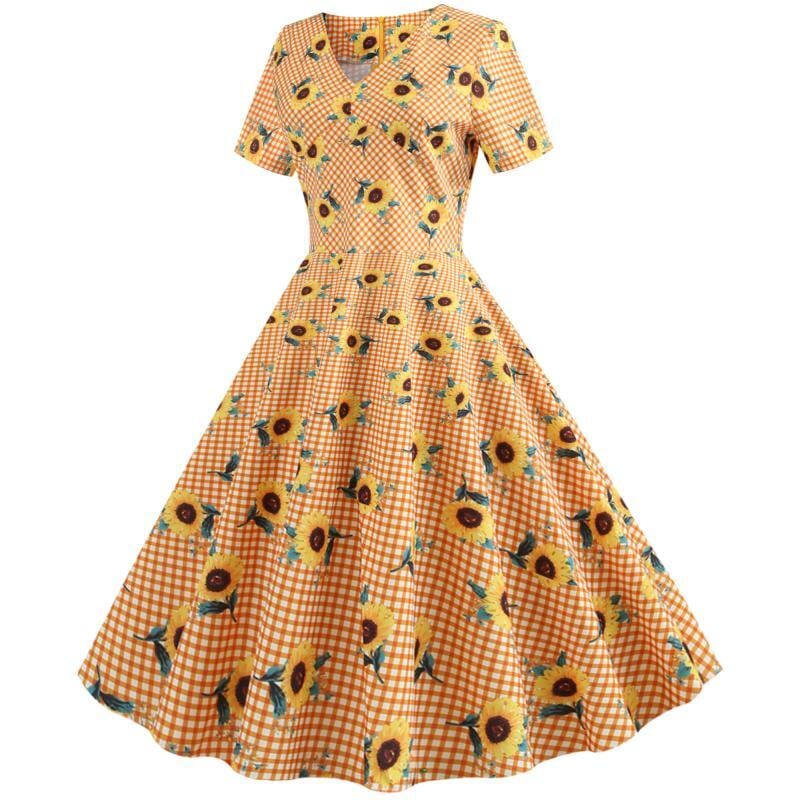 ♢向日葵×オレンジチェック柄♢1950sドレス 1950-040 | Re:tro ♢向日葵×オレンジチェック柄♢1950sドレス 1950-040 | Re:tro