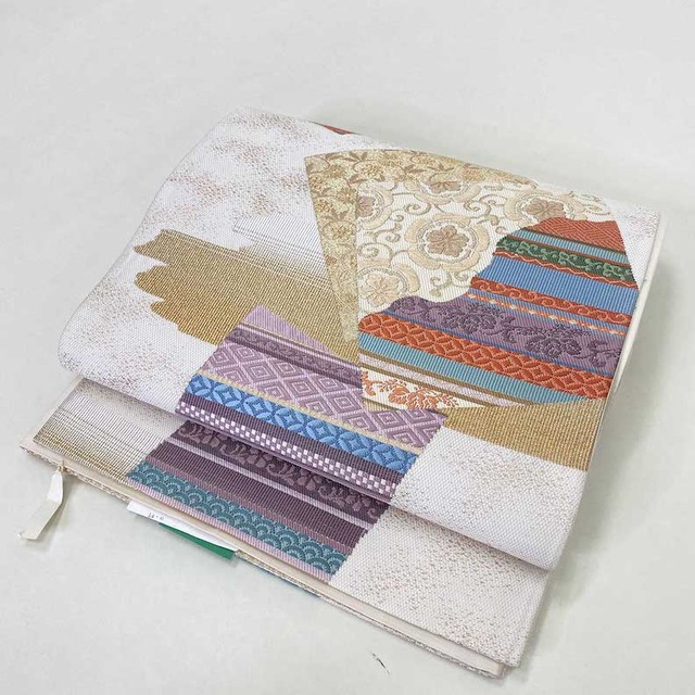 【袋帯】中古 帯 礼装 正絹 結婚式 入学式 卒業式 リサイクル ベージュ 白 紫 オレンジ   426cm   G521