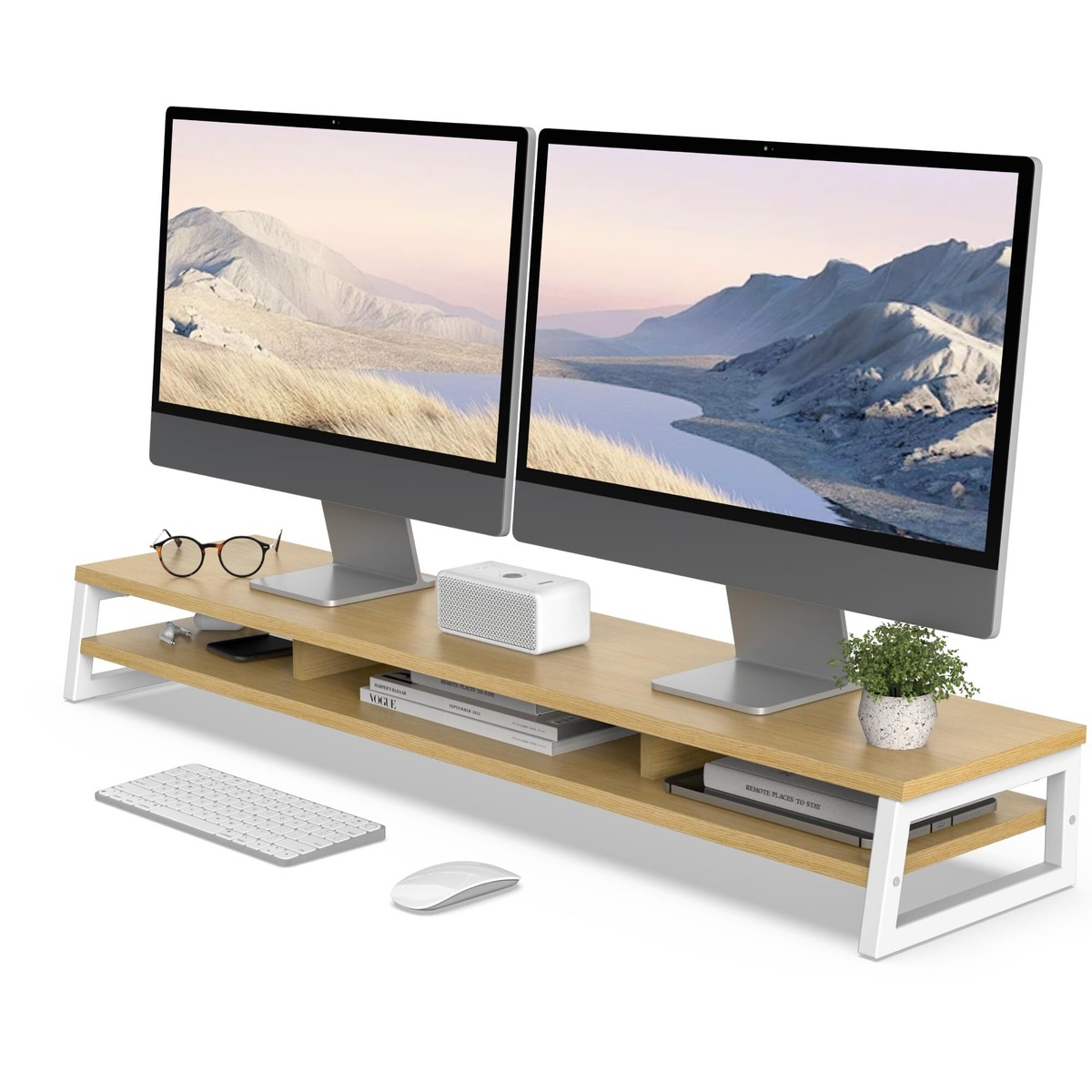 【在庫セール】Fenge モニター台 卓上 デスクシェルフ モニタースタンド パソコン台 2段 木製 幅108cm pc台 机上台 デュアル ...