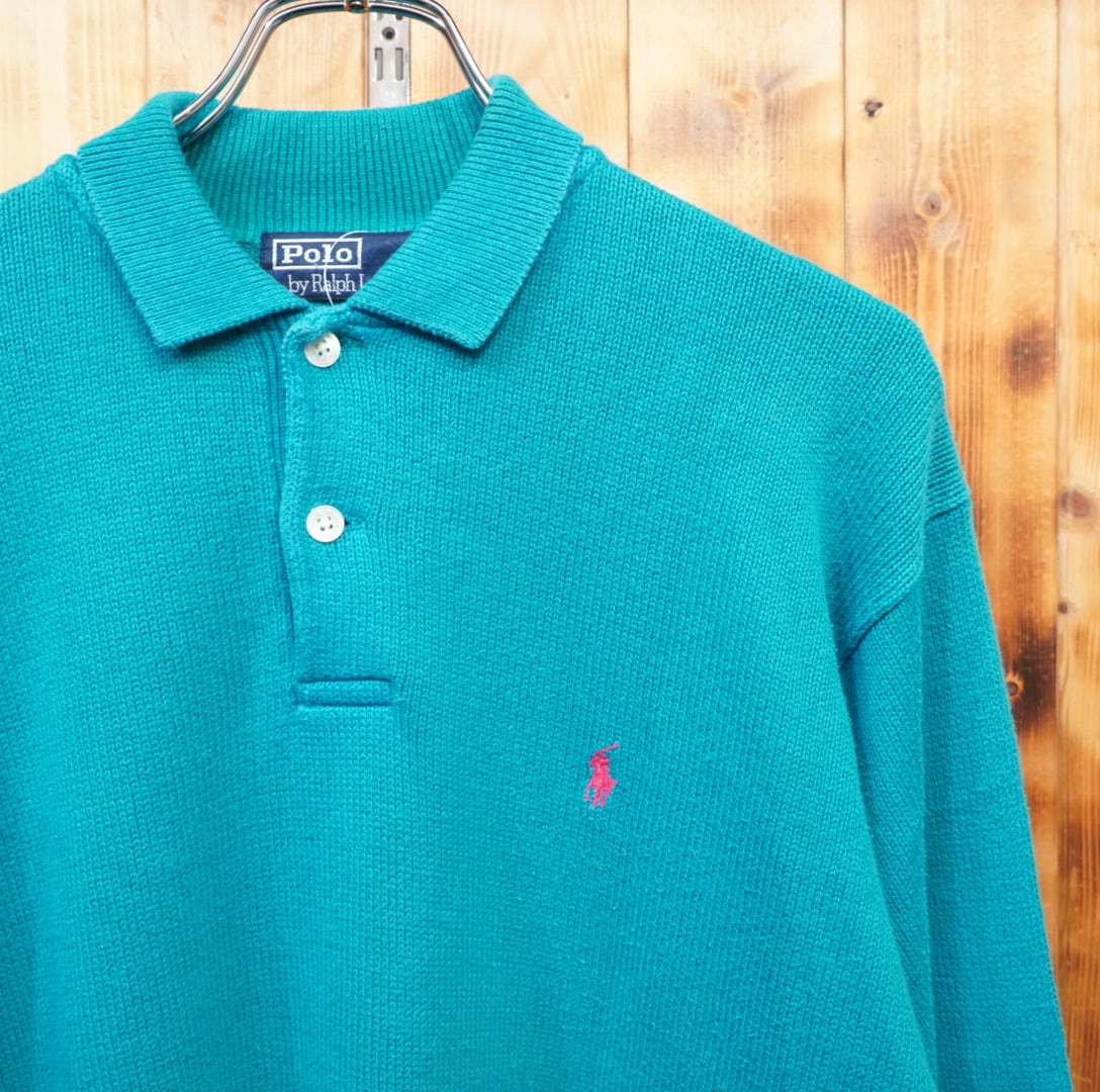 美品 人気色 90s RALPH LAUREN サマーニット ポロシャツ 90s ralphlauren コットン ニットポロシャツ L/ラルフローレン