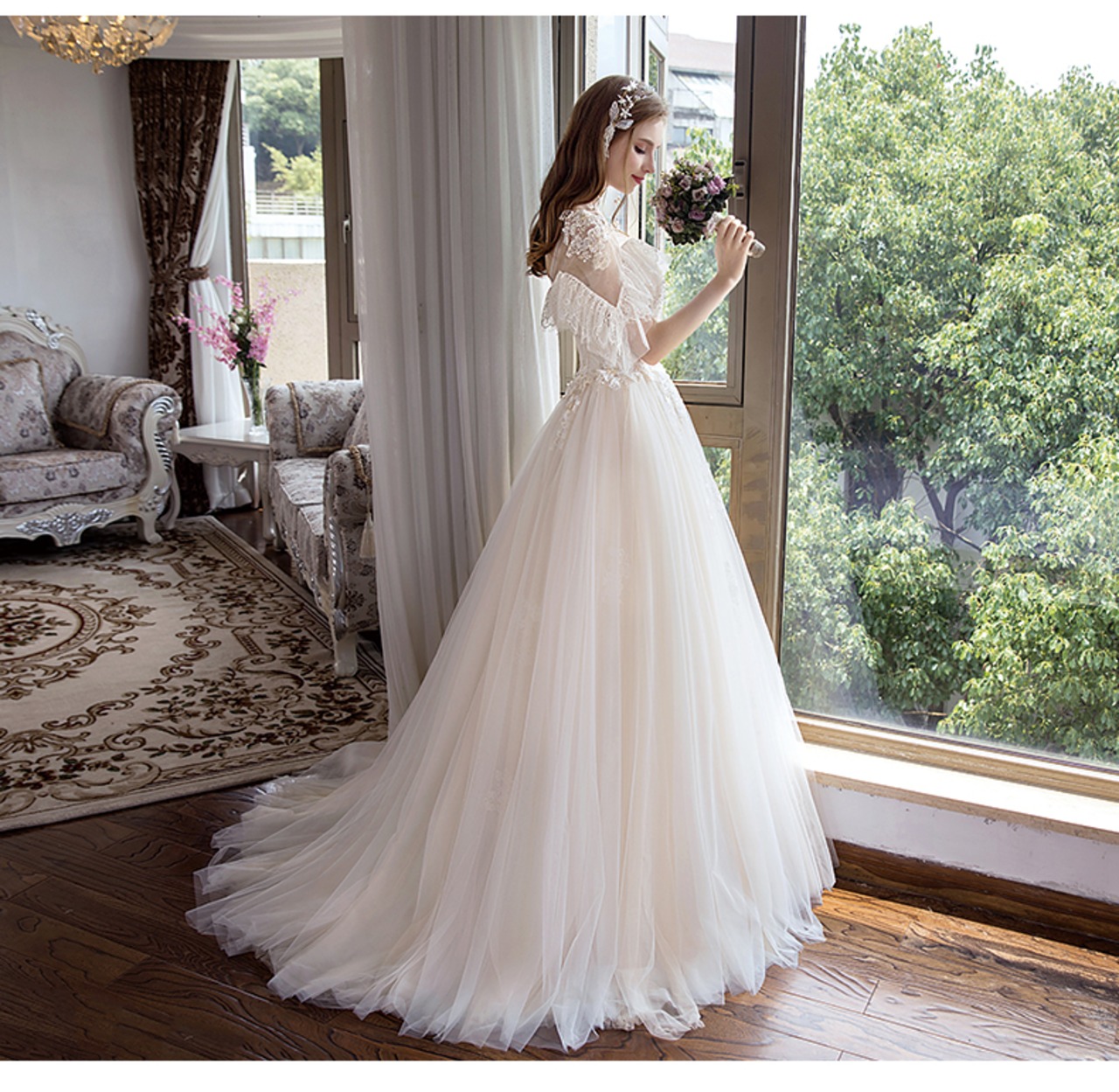 カラードレス 薄シャンパンの色 ソフトチュール レース スパンコール  