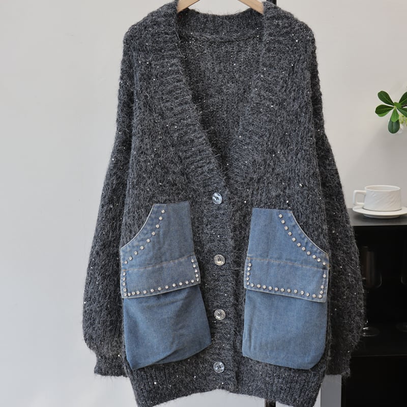 【outer】デニムドッキングニットカーディガン Q6704