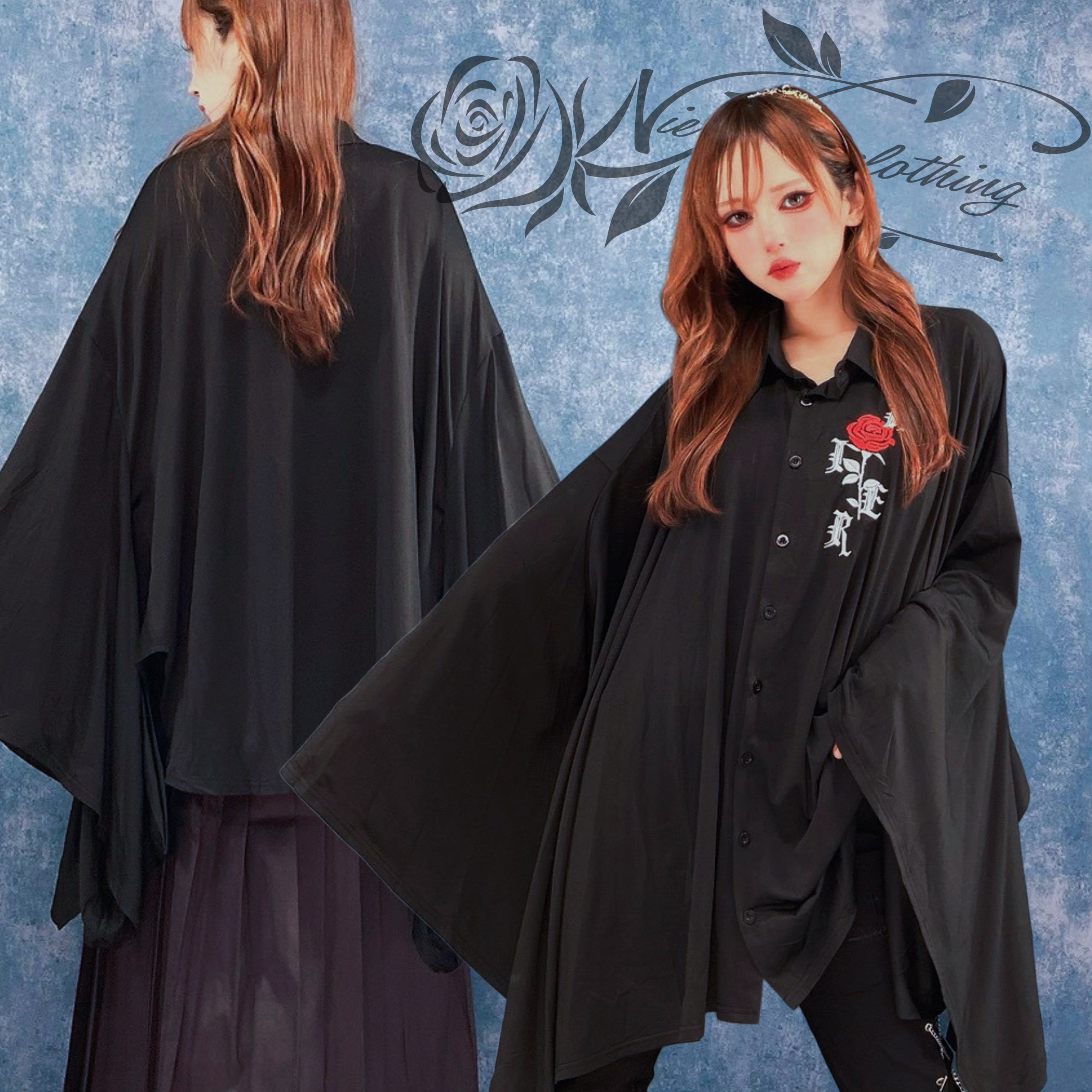 先着39点限定新作大特価》BIG SIZE GOTHIC 薔薇刺繍着物風袖SHIRT