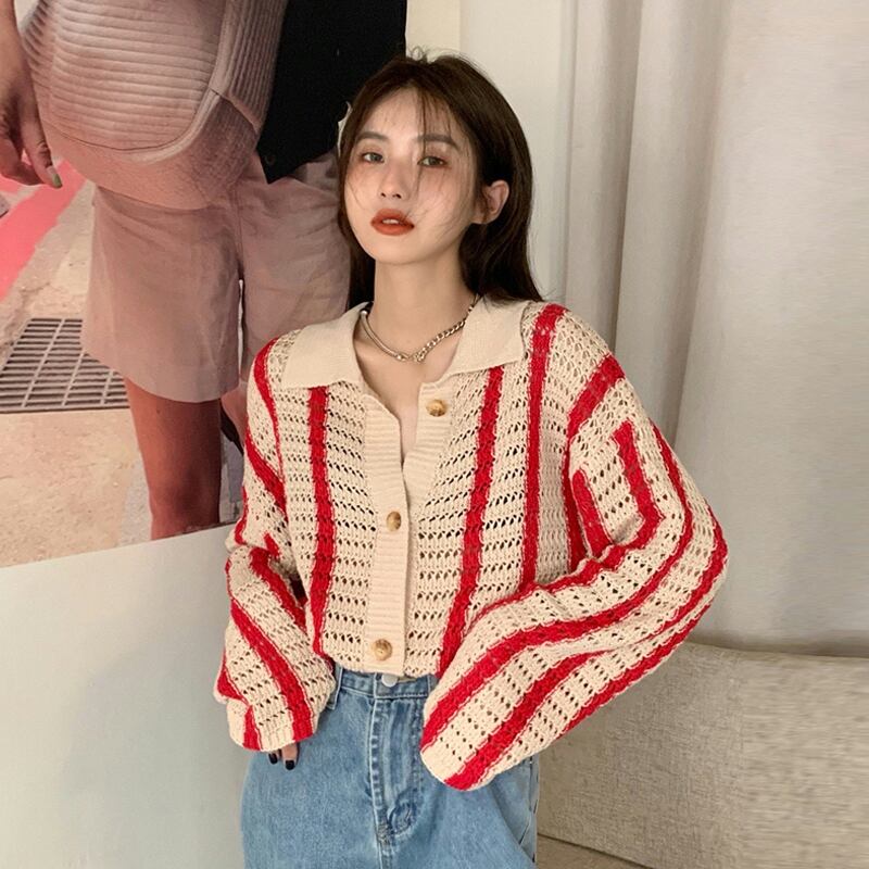 ストライプニット スプリングオータムカーディガンセーター ジャケット 春物 秋物 萌量不足5939939091
