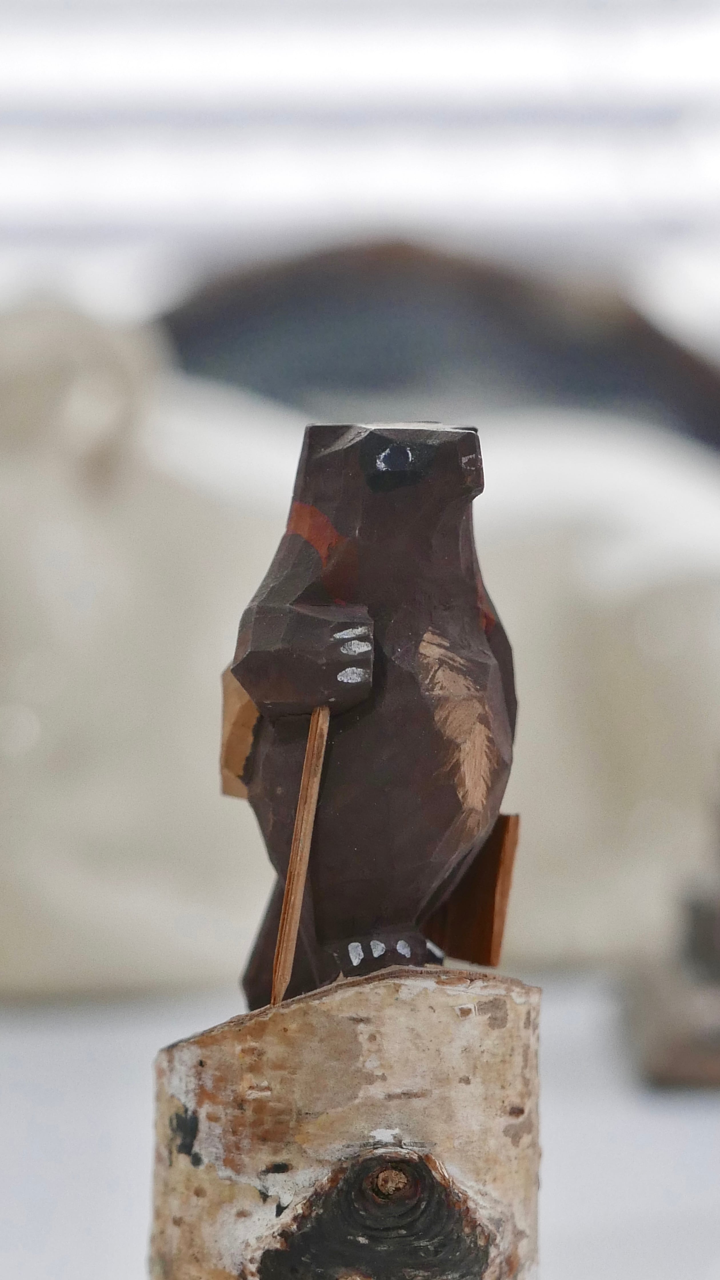 old japan wooden tanuki , hiker style