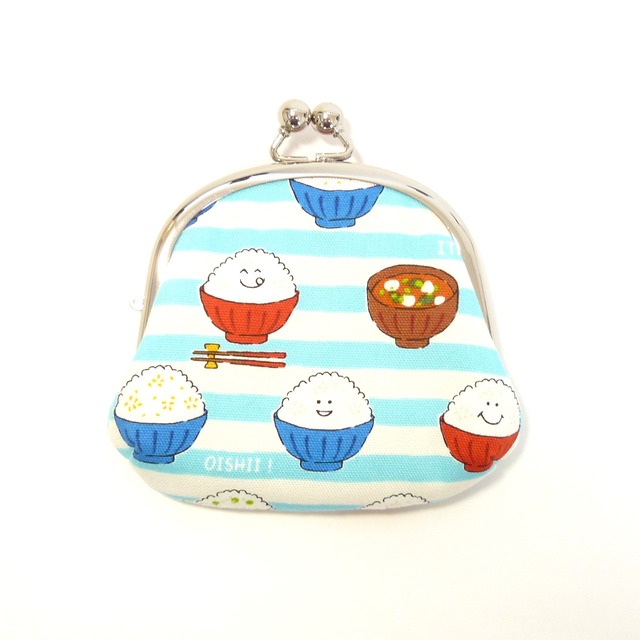 小さいサイズ 親子がま口 財布 ごはん、時々みそ汁 水色 かわいい柄 G244