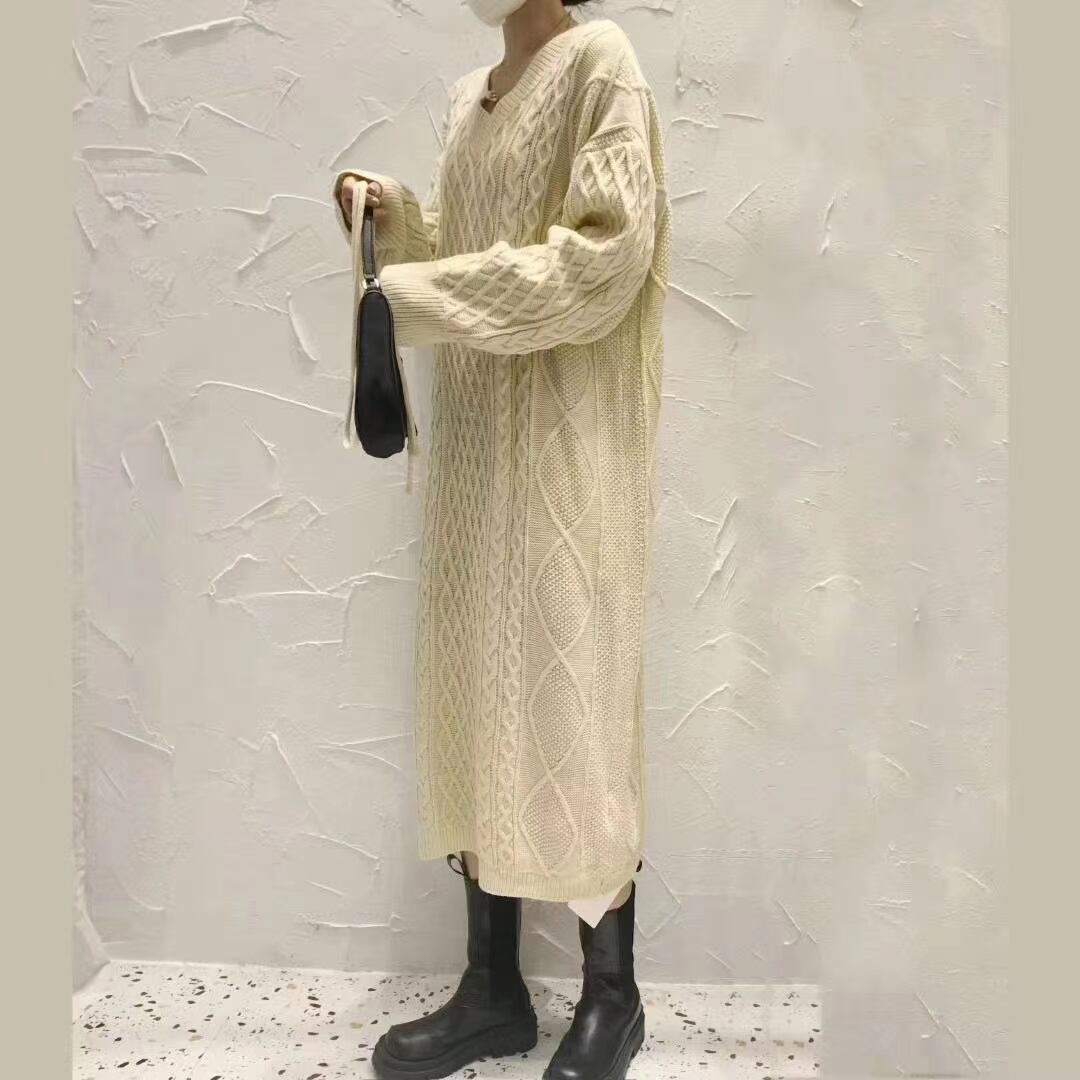 ウエスト紐付き　ケーブル編みニットワンピース　AJ2205-D06