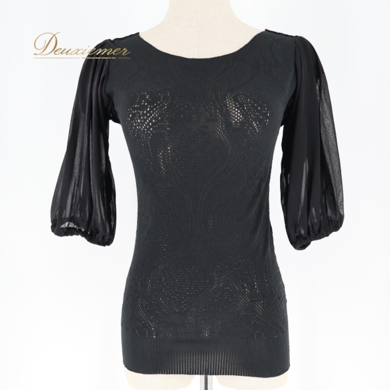 バレエ 衣装 ノーソーイングニット ブラック系 タカダンス 日本製 黒 トップス 練習 レッスン 伸縮 ストレッチ 社交ダンス かわいい 上品 ノーソーイング オールブラック 五分袖 透け感 TAKA DANCE