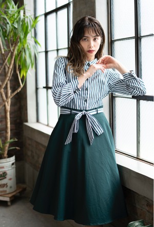 【完売御礼】Green Stripes Shirt dress / ストライプ柄シャツドレス