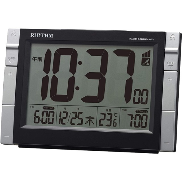 RHYTHM リズム クロック 電波目覚まし時計 電子音アラーム ライト付 カレンダー 温度表示 黒 8RZ223SR02
