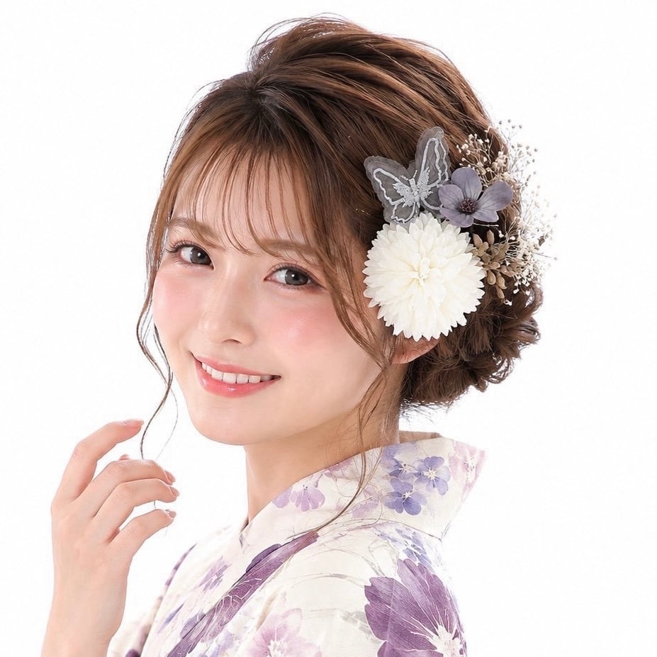 A976 グレー 白 蝶 ドライフラワー 髪飾り 卒業式 袴 成人式 振袖 結婚式 和装
