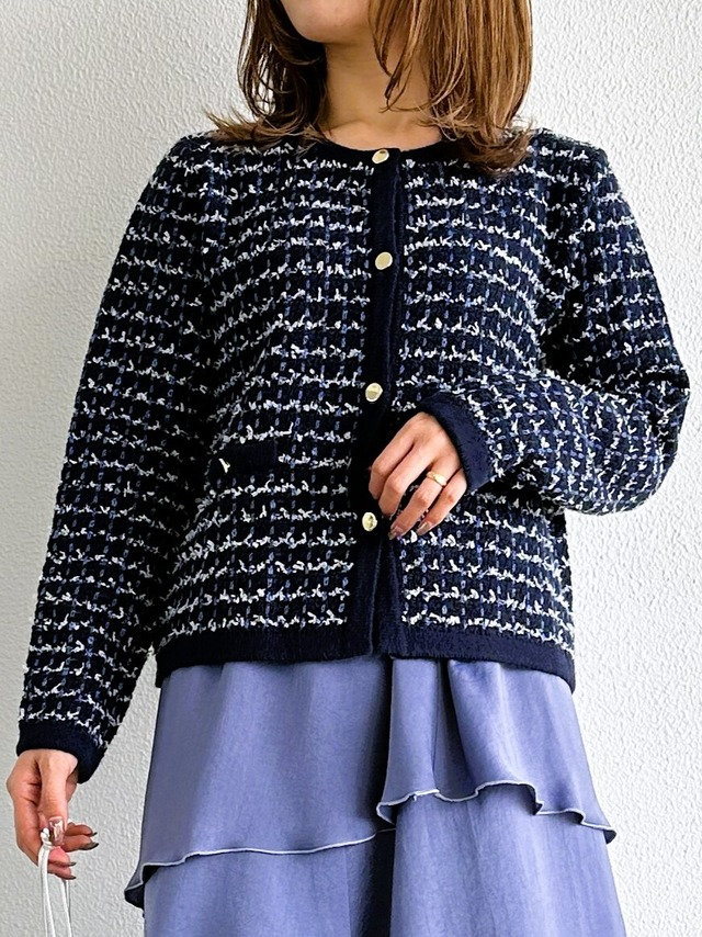 【9286KT】ツイード調丸首カーディガン (9112-57027)