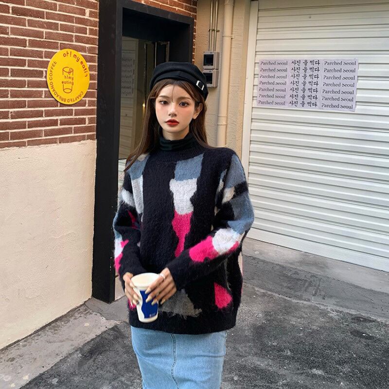 セーター カラールーズニットオータムウィンターラウンドネックトップス 秋物 冬物 Oネック ステッチ ブラックストロベリース14932607865