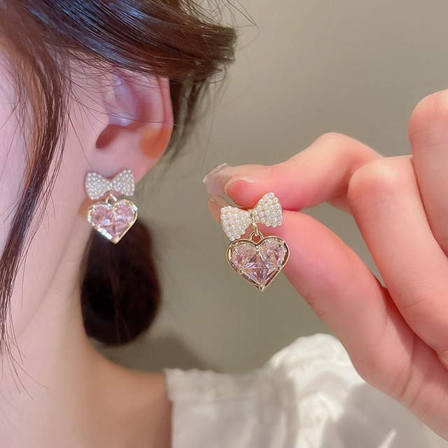 パールリボン ハートドロップ ピアス 00431