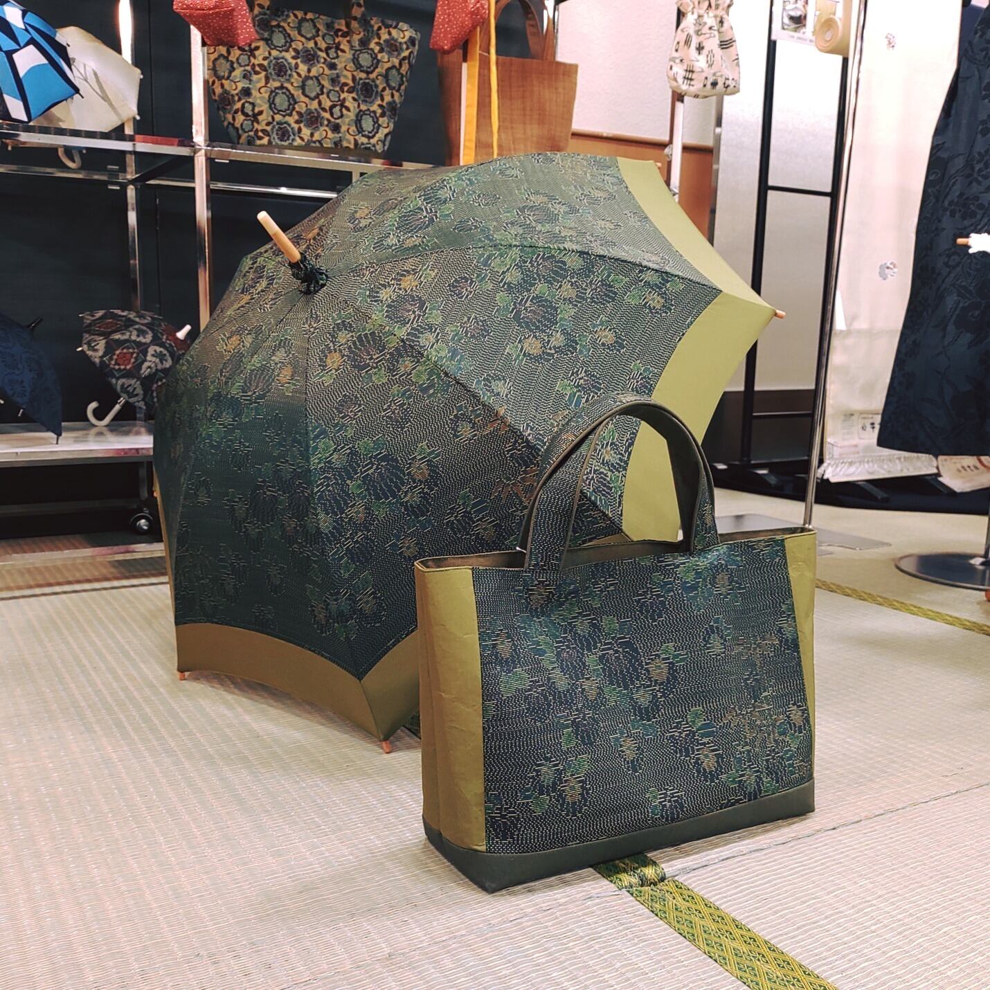緑のお着物をリメイクしたトートバッグ | アトリエすずきの洋傘