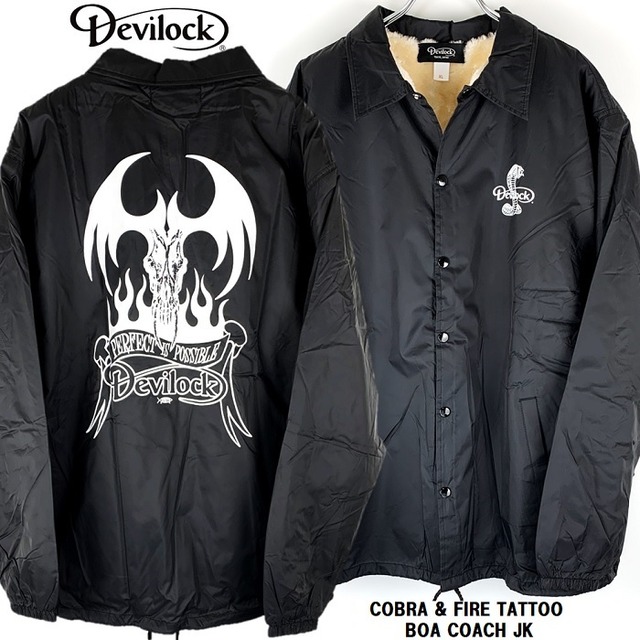 DEVILOCK / デビロック「COBRA & FIRE TATTOO BOA COACH JK」裏ボアコーチジャケット ジャンパー 軽量 高保温性 黒ブラック バックプリント ウインドブレーカー 蛇 コブラ 悪魔 デビル ロゴ スカル ドクロ メンズレディース パンクロック PUNKROCK バンド ステージ衣装 Rogia