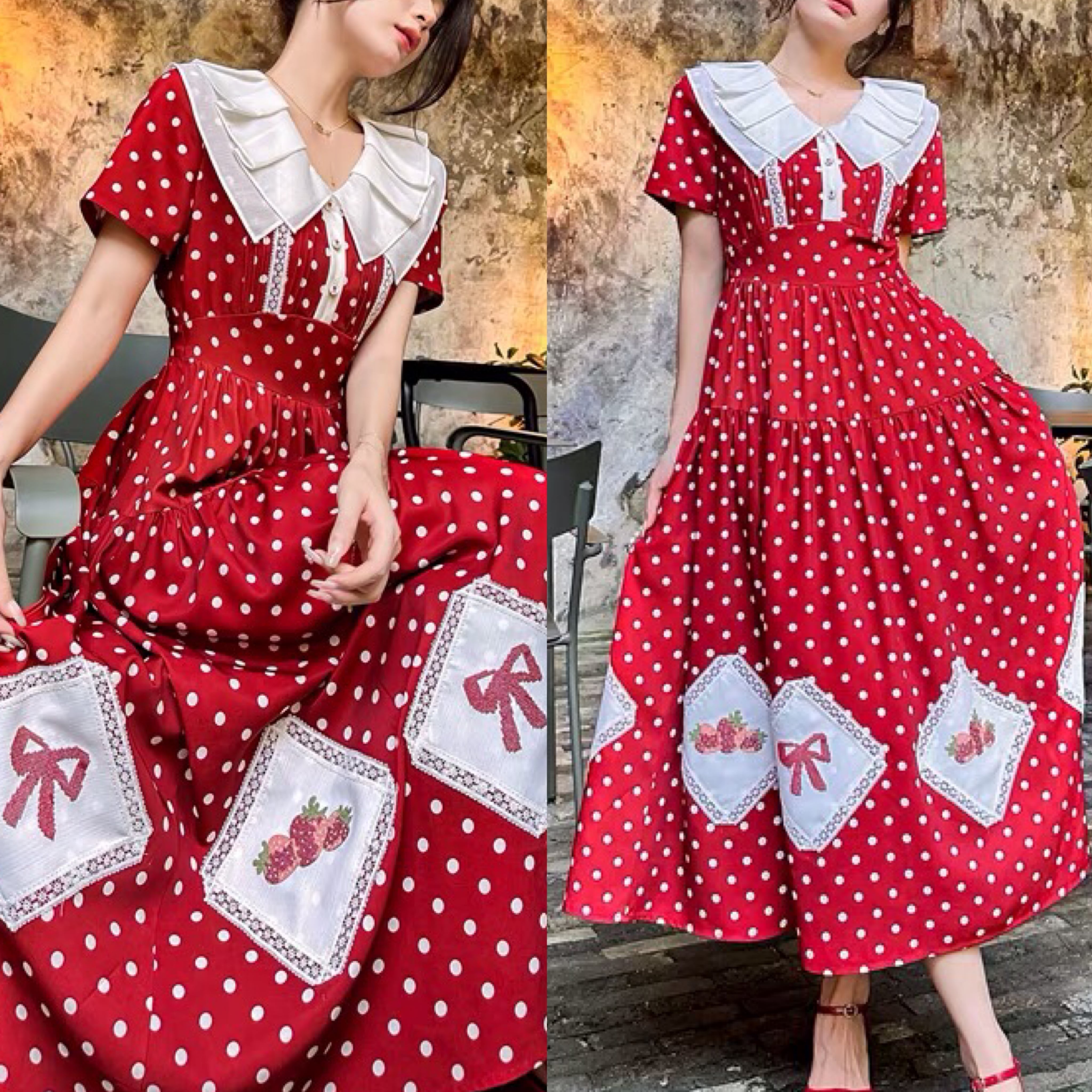 ワンピース 赤 水玉 ドット パッチワーク ワンピース ガーリー 可愛い