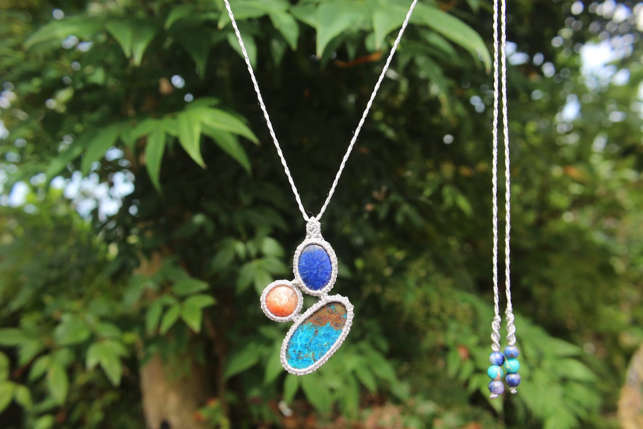 Chrysocolla malachite & Sunstone & Lapis lazuli micro macrame pendant