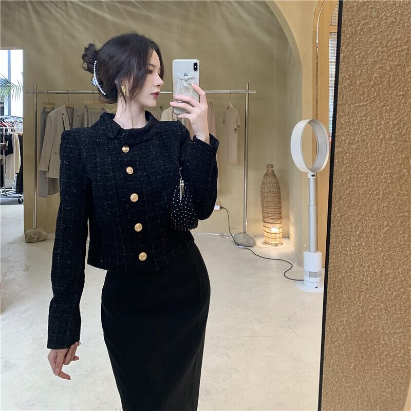 ツィードショートコート ブラックカーディガンジャケット オータム 秋物 ブラックストロベリース18771455695