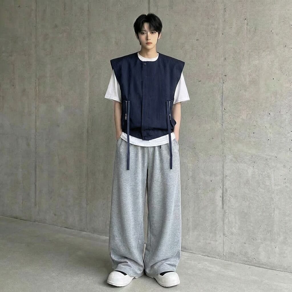ストリートモード ストライプジップベスト&ワイドパンツセットアップ 2カラー D12279