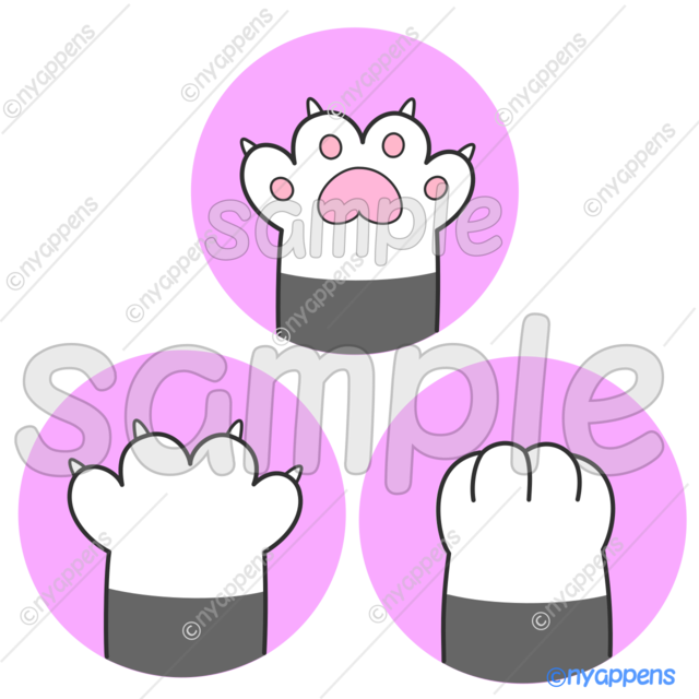 【商用利用OK】ほのぼのかわいい猫の手イラスト（にゃんパ／手白）シールやアイコン、素材に！3種セット
