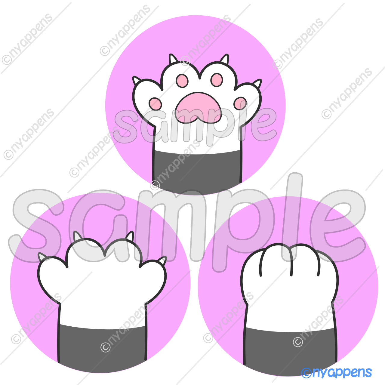 【商用利用OK】猫イラスト(にゃんパ/手白)シールやアイコン、素材に!3種セット