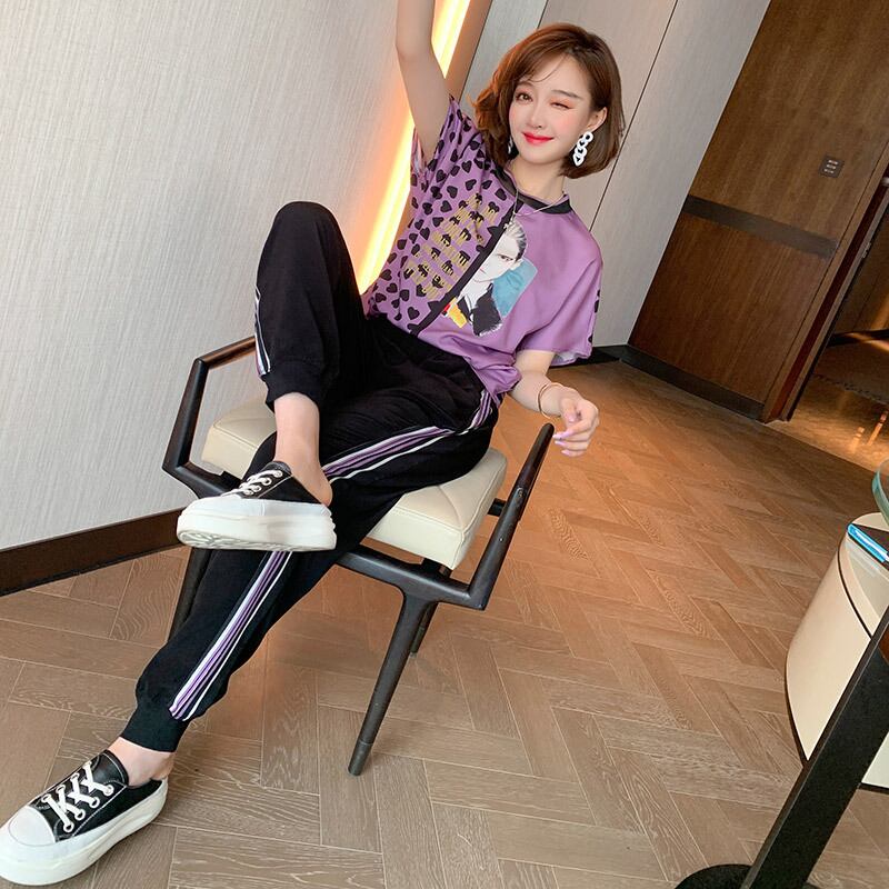 プリントスリーブTシャツ トップス ストライプパンツ セット サマー 夏物 MIUCO46786160923