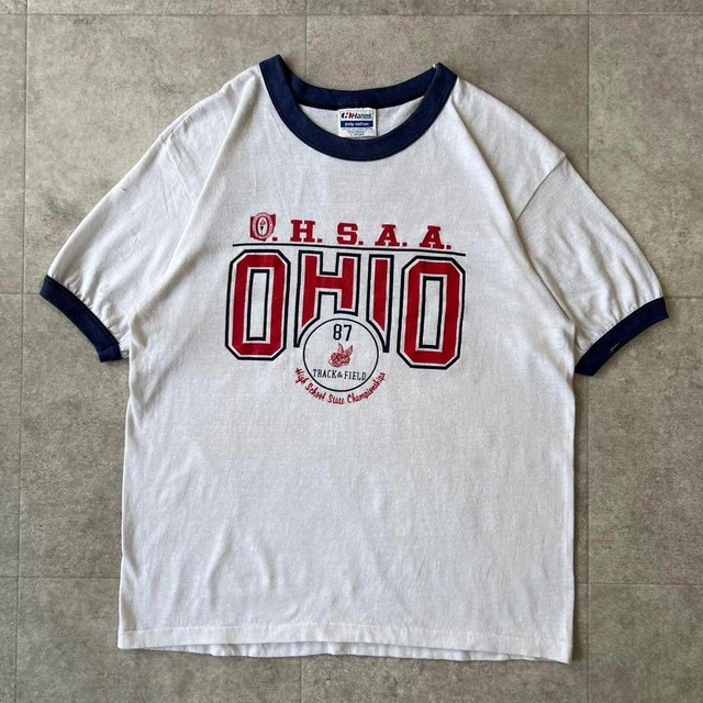 USA製　80s リンガーtシャツ オハイオ　Ohio ビンテージ　L 白　古着