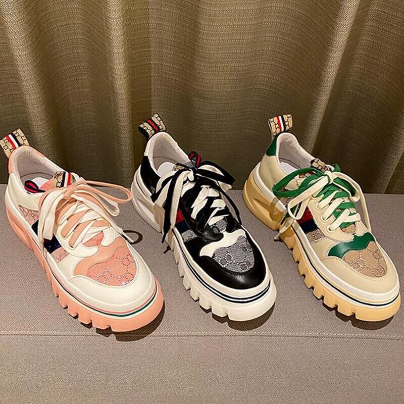 【新作】【送料無料】 カラーマッチングの新しいラインストーンの女性の増加したプラットフォームの靴ブラックアプリコットピンクのクロスレースの靴秋の靴 シューズ オータム 秋物 10b346727549581