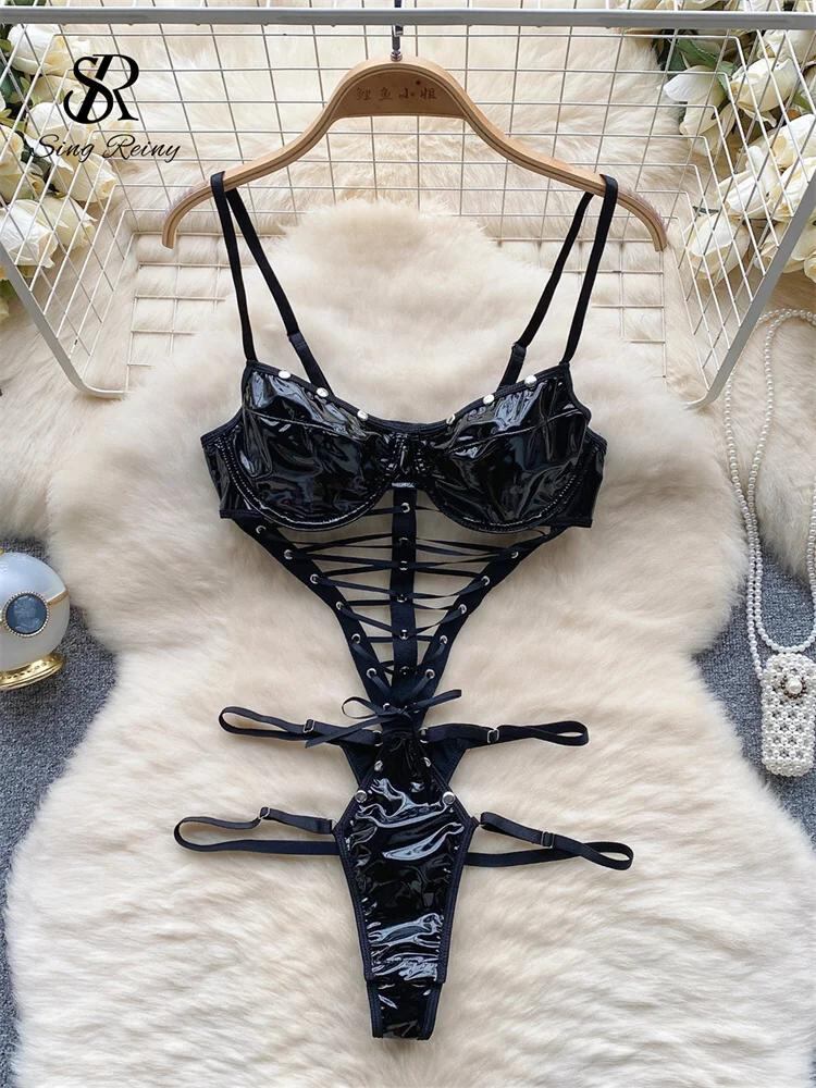 女性のための革のノースリーブのボディ,透かし彫りのよだれかけ,エロティックな夜の服,セクシー,ホルターネックライン,ファッショナブル,SINGREINY-PU_119