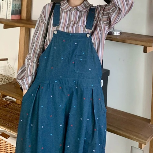 ハート刺繍デニムサロペットパンツ ・12547