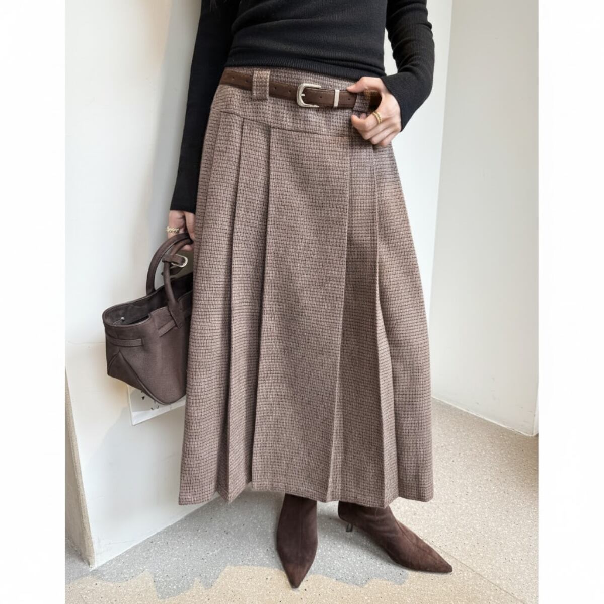 Belted Tweed-Effect Pleated A-Line Skirt ch0188