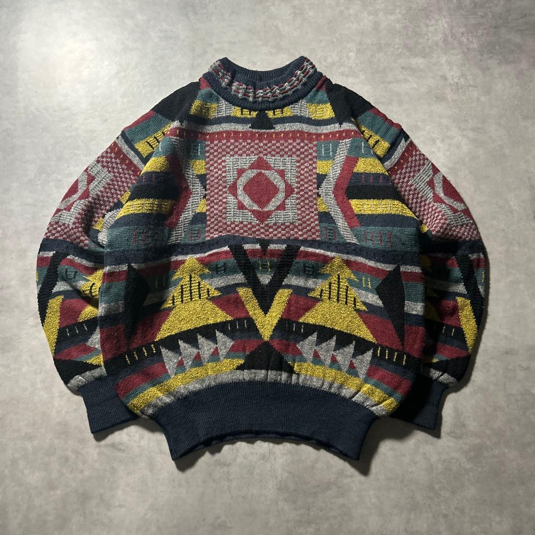 allegri ヴィンテージ モックネック 総柄 マルチカラー ニットセーター