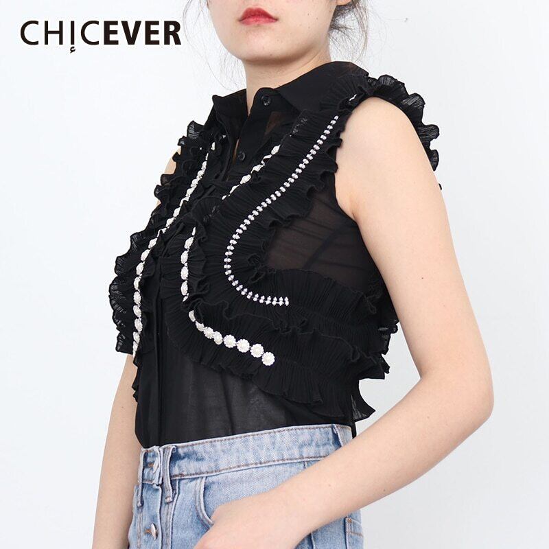 CHICEVERレディースシャツラペル半袖パッチワークフリルパールシフォンボタンスリムトップス2021夏 ショート ハーフスリーブ ラッフル サマー 夏物 真珠 6base593449751733