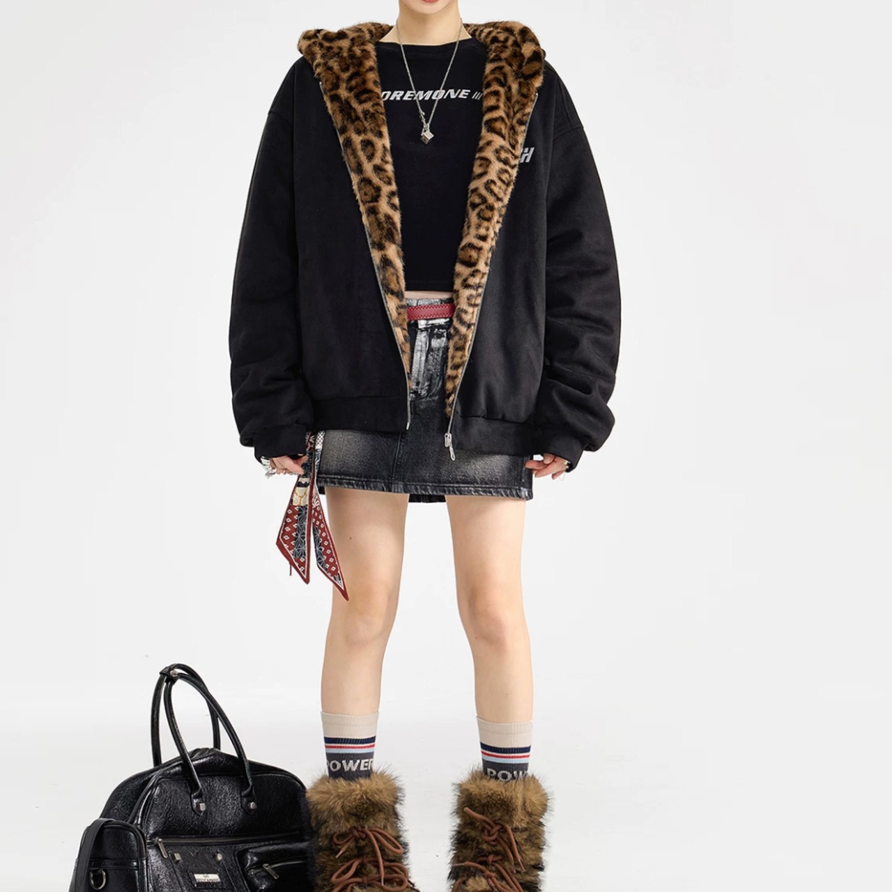 Women's Padded Coat with Leopard-Print Fur(ME498)